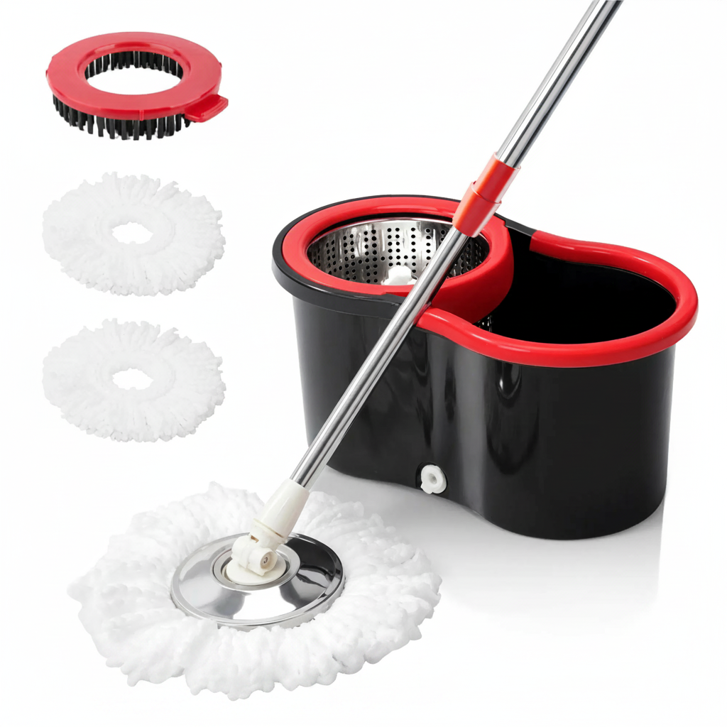 Spin Mop And Bucket Set with Wringer, 360° Rotating Mop Bucket System, Includes 3 Microfiber Mop Refill Heads And A 61-Inch Adjustable Stainless Steel Handle, Ideal for Bathroom Use, Efficient Floor Cleaning, Home Cleaning